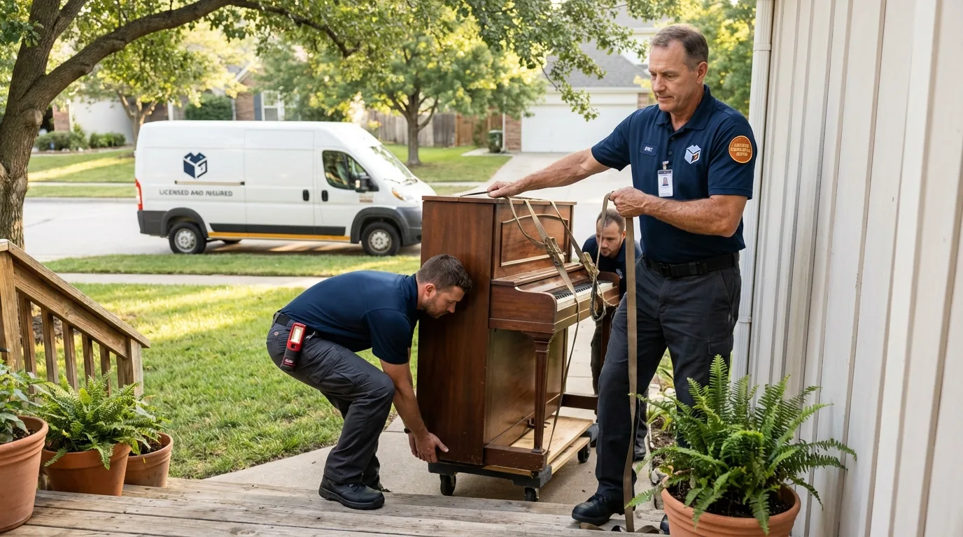 Licensed piano movers securing grand piano in Kingsville, MD