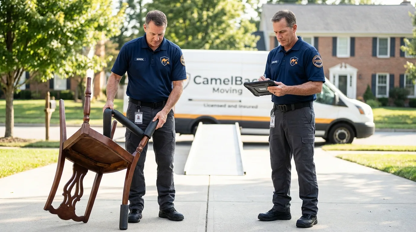Movers inspecting furniture for damage prevention before loading in Kingsville, MD