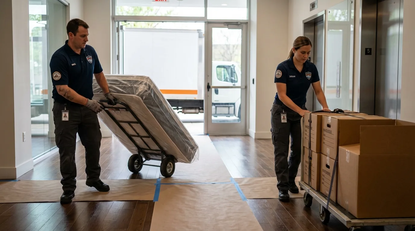 Professional apartment movers loading elevator in Kingsville, MD