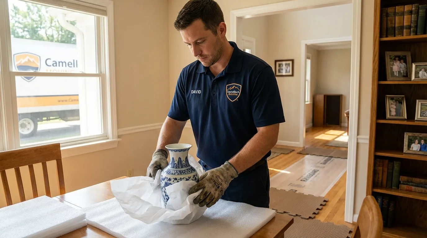 Professional crew carefully wrapping antique vase for senior downsizing move in Kingsville, MD