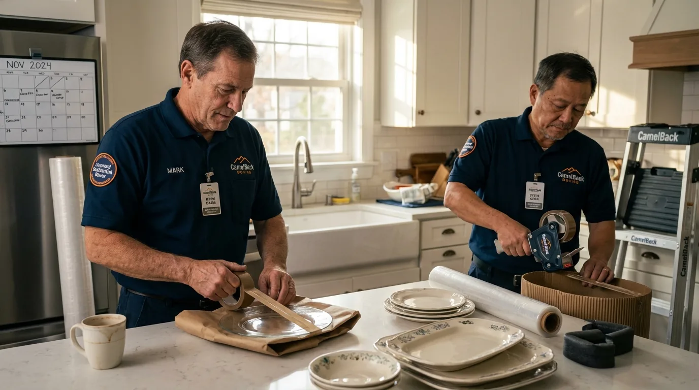 Professional crew packing kitchen dishware in Kingsville, MD